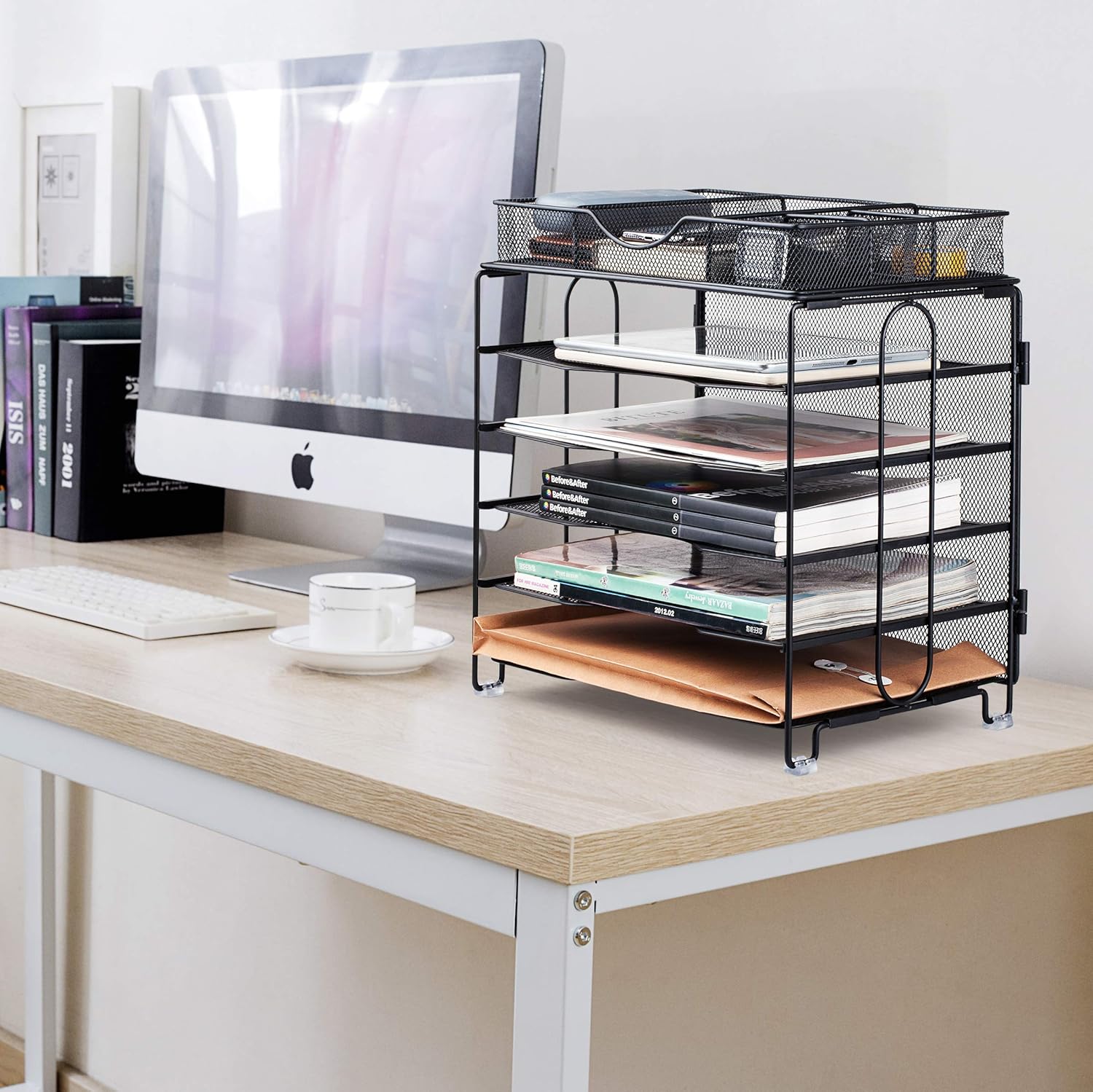 KEEGH Paper Organizer Tray, 5 Tier Mesh Desk File Organizer with Extra Drawer | Screws Free Design : Office Products