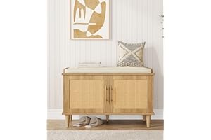 Akxomel Natural Rattan Shoe Storage Bench with Cushion, Entryway Shoe Cabinet Bench with 2 Doors, 15"D x 31.5"W x 20"H, Wooden Shoe Organizer, Adjustable Shelf, Solid Wood Legs, for Hallway, Bedroom