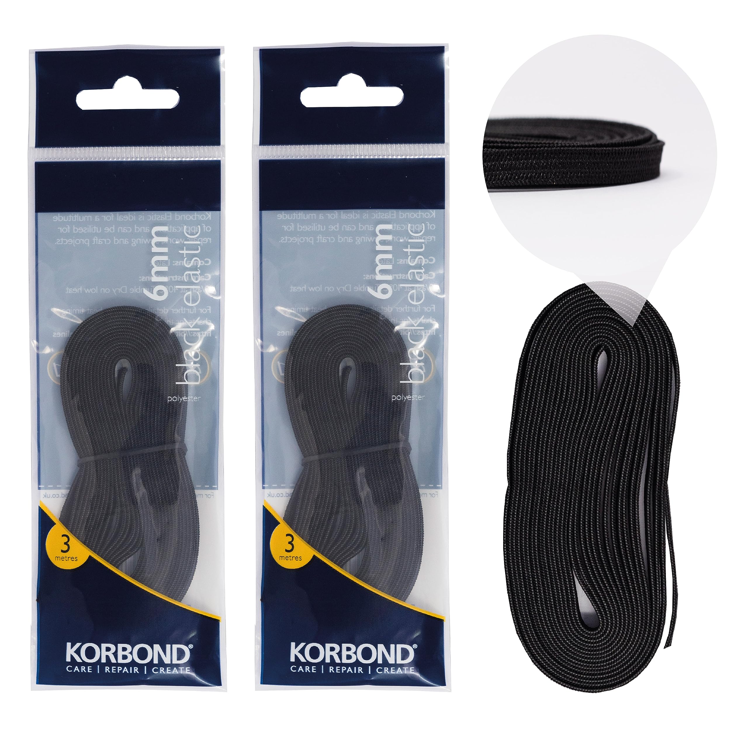 KORBOND 6m Flat Woven Sewing Elastic in Black – Two 6mm x 3m –Repair Clothes, Waistbands, Cuffs, Dressmaking, Crafts Projects, Masks, Upcycling – Durable Polyester Blend