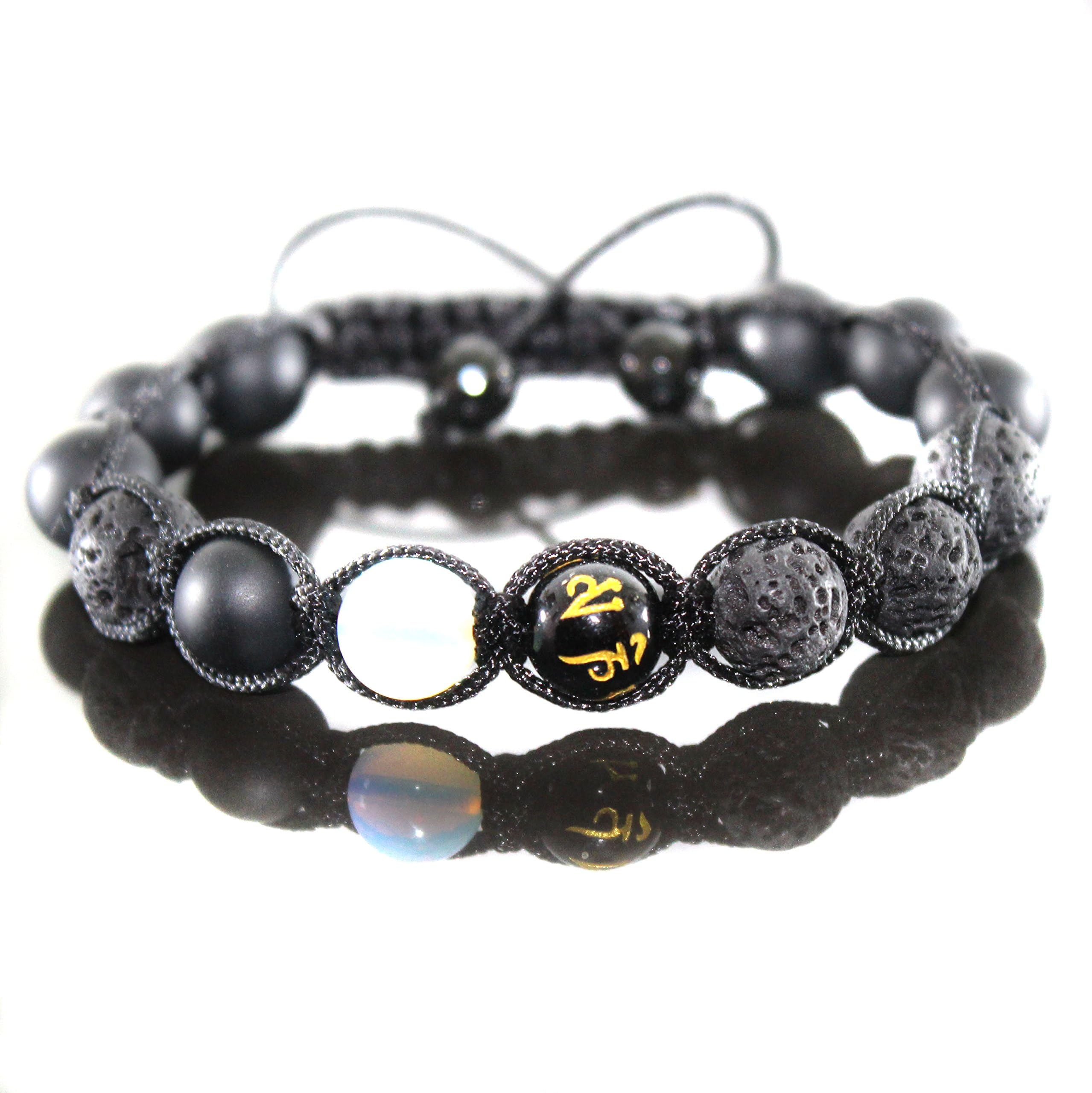 Men's Opalite Energy Good Luck Binger Tibetan Mantra Lava Rock Onyx Bracelet for Men Adjustable