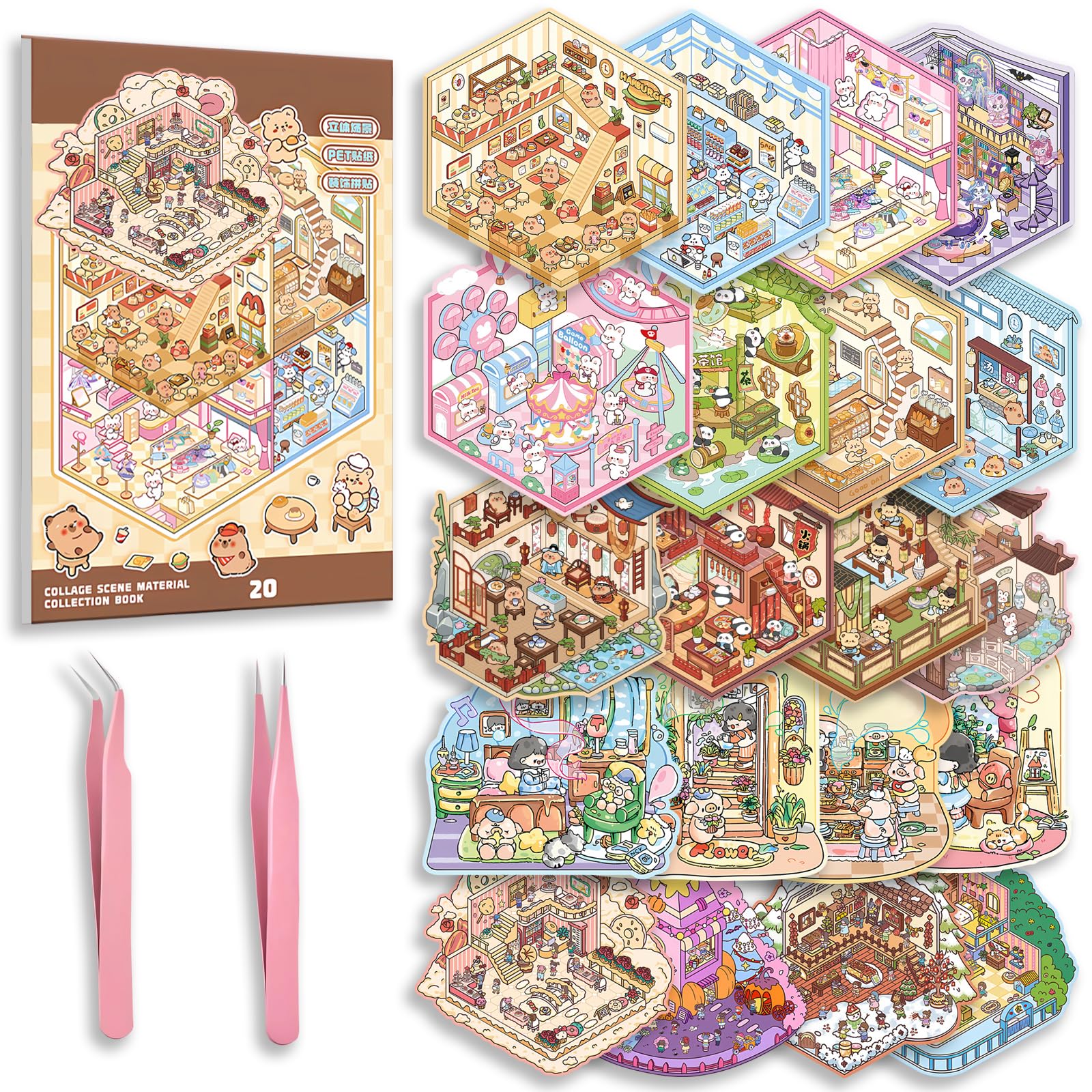 20 Sets DIY 3D Sticker Scene Collection Book for Kids Adults Cute Make Your Own Shop House Stickers for Gifts Stickers Therapy for Adult Relief Stress Pass The Time Play Park Hamburg Castle Library