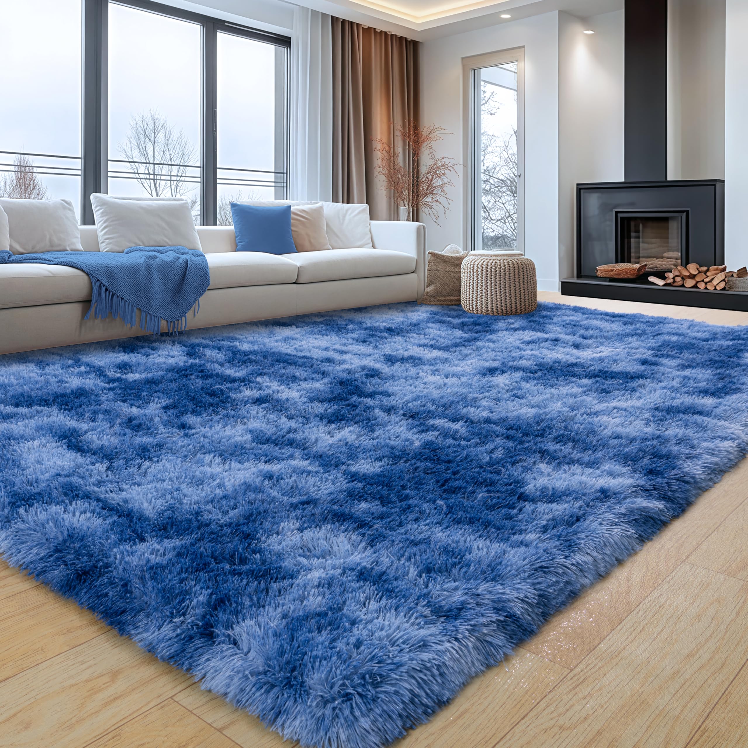Photo 1 of plumlik 5x7 Area Rugs for Living Room, Fluffy Shag Rug for Bedroom, Nursery and Indoor Floor, Soft and Comfy, Tie-Dyed Blue Carpet for Kids, Girls, Boys Room Home Decor Aesthetic, Upgrade Non Slip