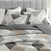 CozyStitch King Quilt Set - 100% Cotton Farmhouse Quilt Bedding Set with 3 Pieces in Dark-Gray/White/Brown