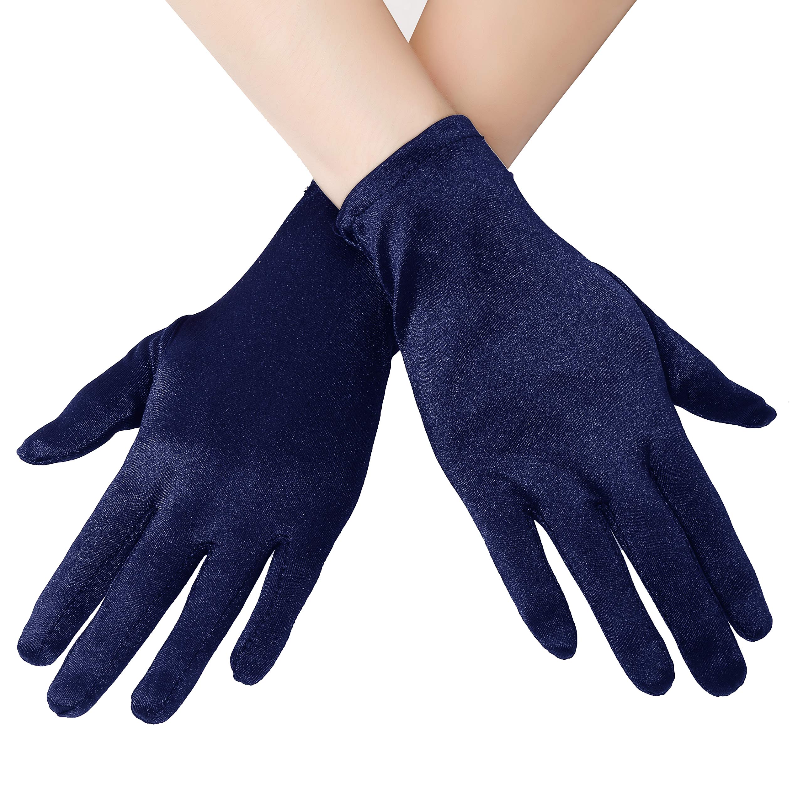 EORUBE Short Opera Satin Gloves for Women Wrist Length Banquet Gloves Tea Party Halloween Costume (Smooth 8.6" - Navy)