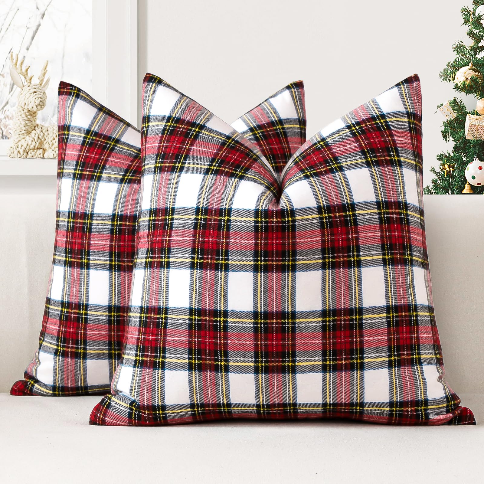 JOTOM Set of 2 Classic Plaids Cushion Covers 50x50 cm Christmas Scottish Tartan Plaid Soft Solid Decorative Throw Pillow Covers Home Decor Outdoor Cushion Case for Sofa Bedroom (Red White)