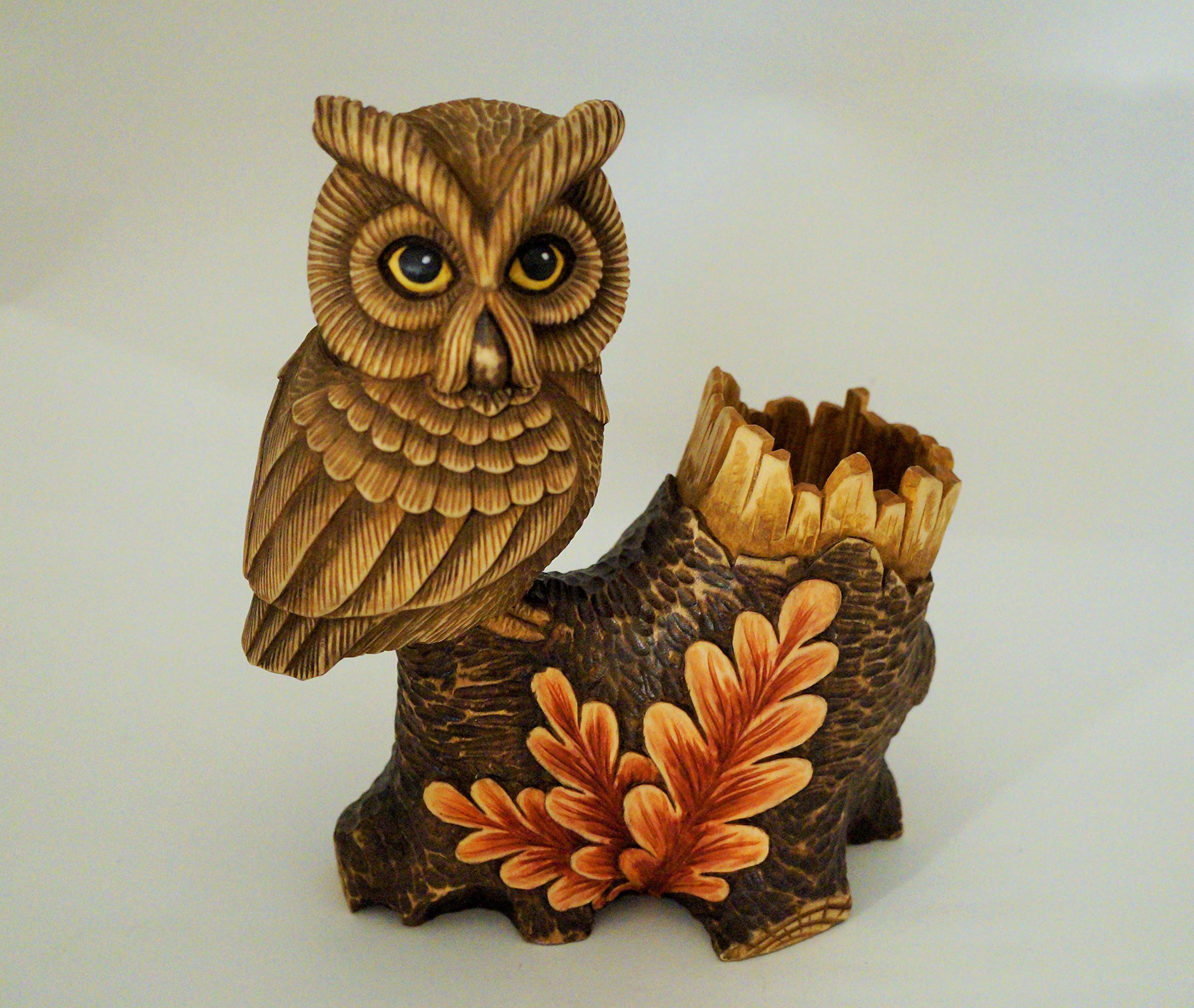 Unique One of a Kind Russian Woodcarved Statue -Pens Holder" Owl" 8.5" Tall