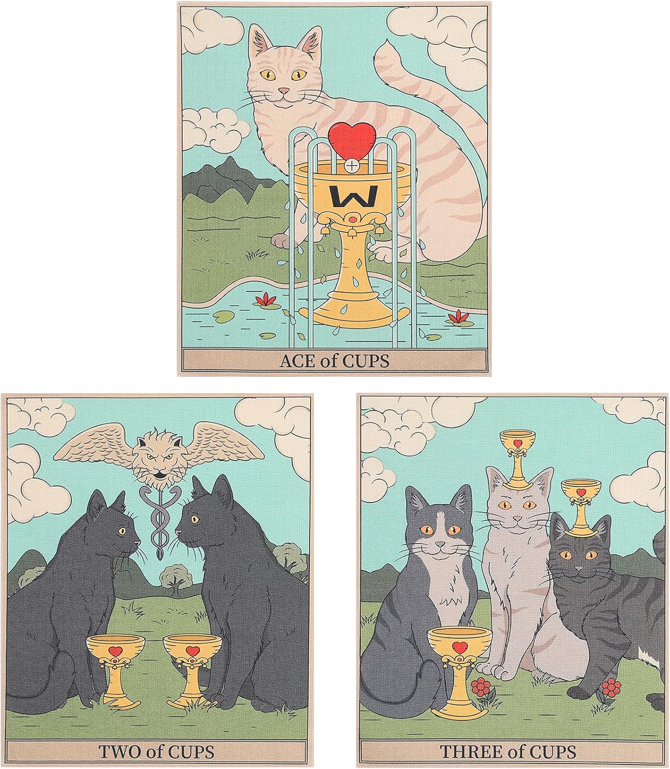 AWAYTR 3Pcs Small Tarot Tapestry - Cat Tapestry Wall Hanging for Livingroom Dorm Apartment Bedroom Office Decor(Cups Tapestry,12x16in)