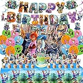 Birthday Party Decorations Set - 1 Backdrop (39" x 59"), 1 Big Topper, 1 Tablecloth, 15 Birthday Banner, 24 Cupcake Toppers, 16 Balloons, 6 Hanging Swirls - JungleThemed Game Celebration