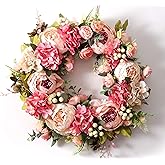 Peony Spring Wreaths for Front Door Outside Rose Summer Door Wreath Full 15 Inch Handmade Fall Winter Wreaths for Front Door Wall Window Decor