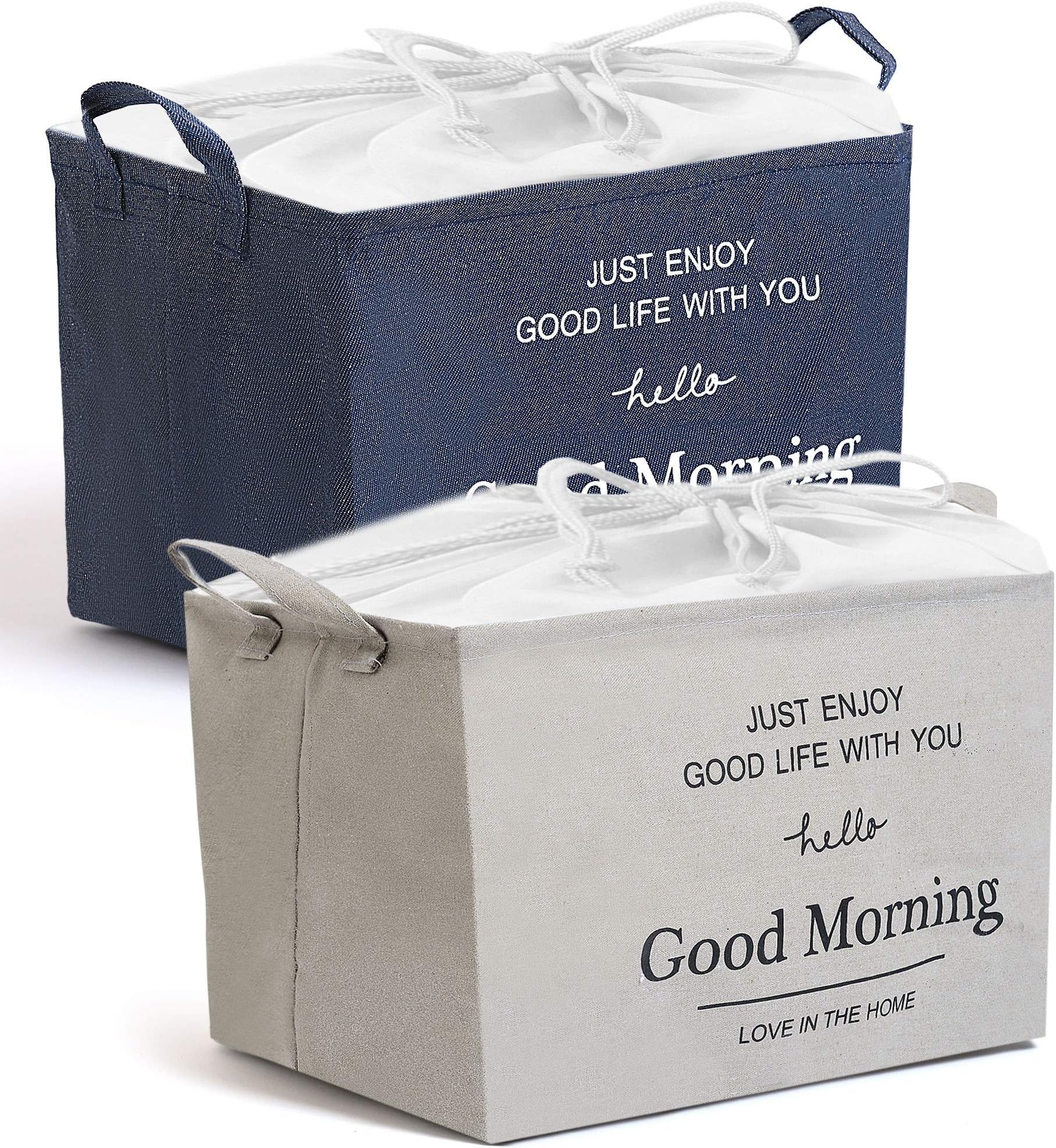 Smile Mom Storage Basket Bin (Set of 2) with Handles & Drawstring Closure, Foldable Organizer for Home, Office, Bedroom, Closet, Toys, Laundry (Large – Blue & Grey)