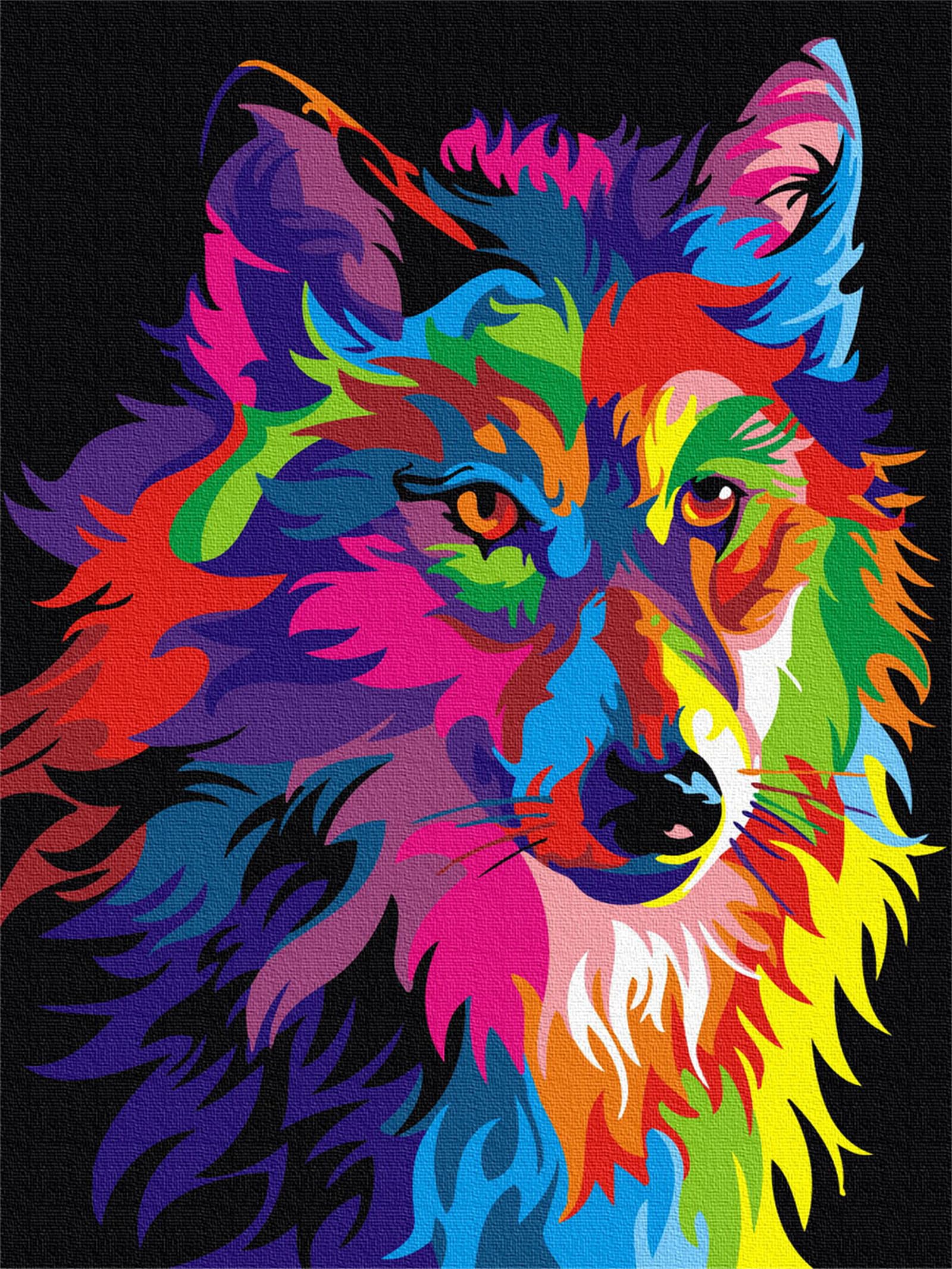 KOMKING DIY Paint by Numbers for Adults, Paint by Number Kits for Kids Beginner on Canvas Painting, Colorful Wolf Unframed 16x20inch