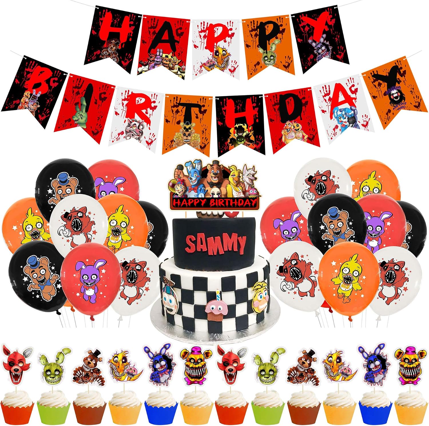 Five Nights at Freddy's Birthday Party Decorations, Freddy Children Party Supplies Include Happy Birthday Banner,Cake Toppers, Latex Balloons Hanging Party Decoration for Kids Baby Shower