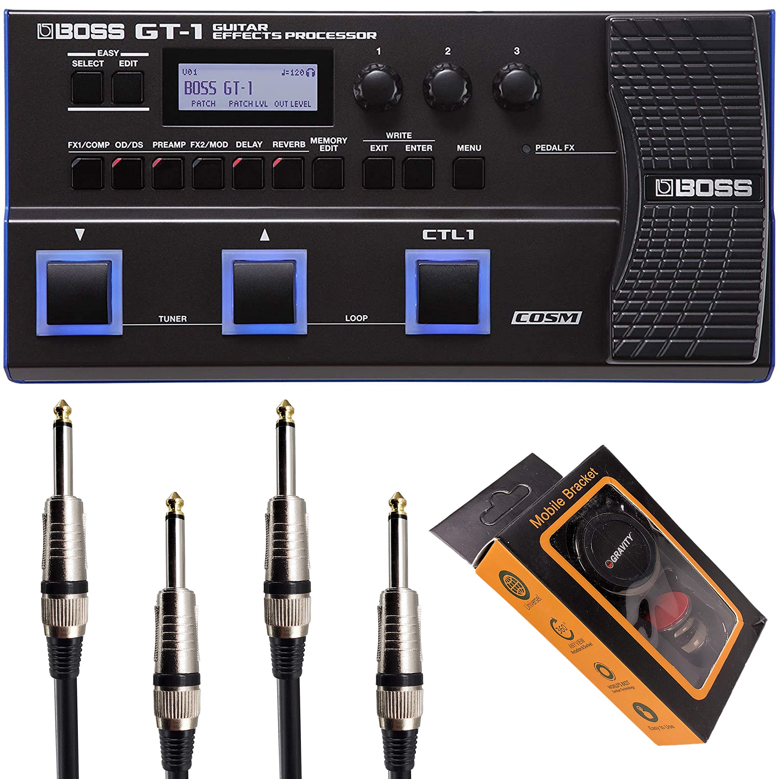 Boss GT-1 Guitar Multi-Effects Processor with Cable and Gravity Phone Holder Bundle