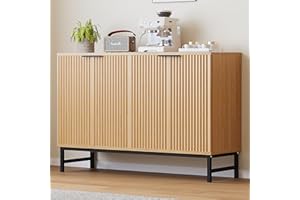 Luoxiao Buffet Sideboard Cabinet with 4 Fluted Doors, 47" Modern Credenza Accent Cabinet with Adjustable Shelves, Console Table & Solid Legs, Coffee Bar Cabinet for Living Room, Hallway Natural Oak
