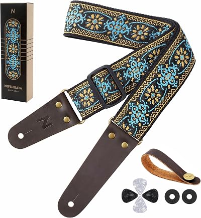 Nefelibata Guitar Strap Embroidered Cotton with Cowhide Ends 38–64in