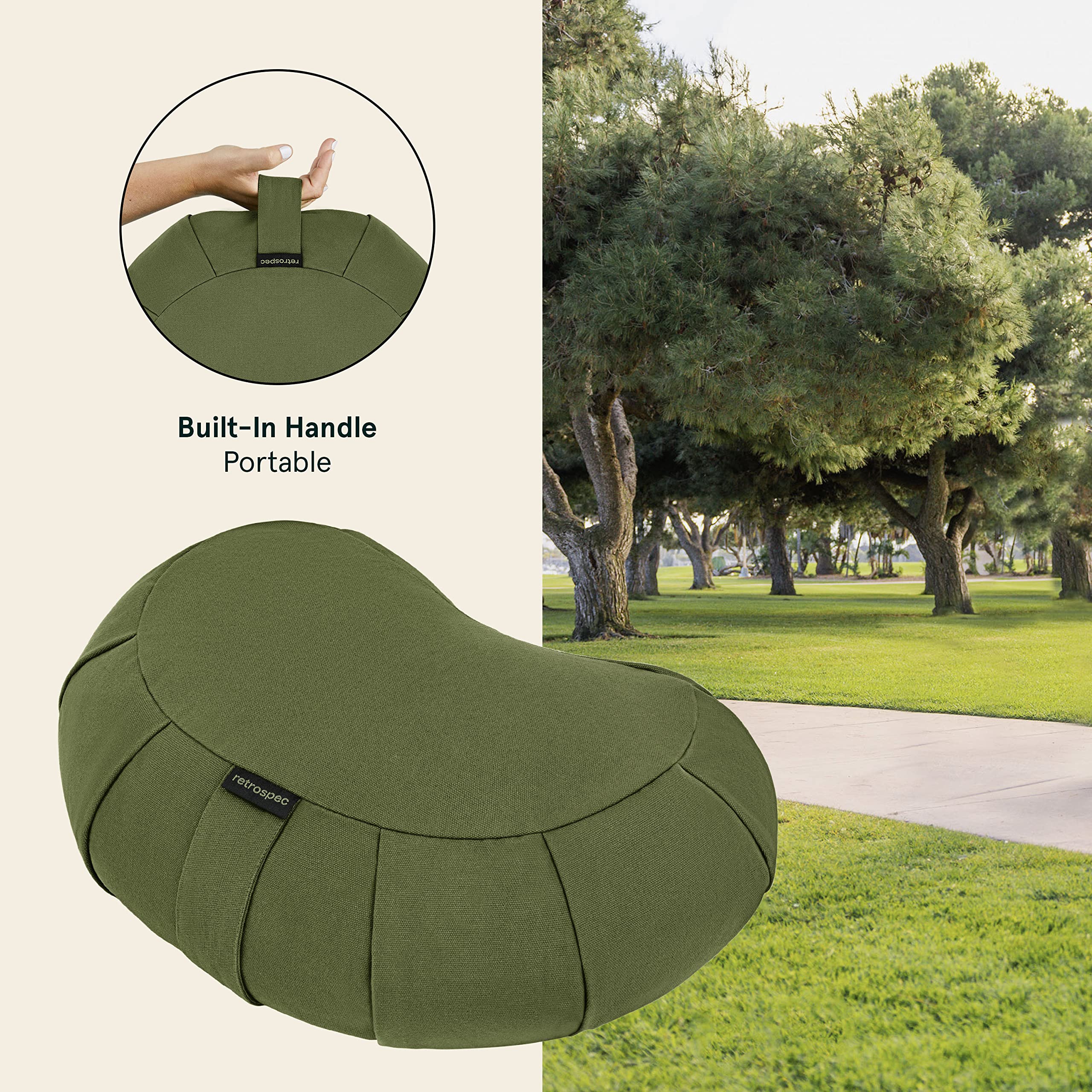 Retrospec Sedona Zafu Meditation Cushion Filled w/Buckwheat Hulls - Yoga Pillow for Meditation Practices - Machine Washable 100% Cotton Cover & Durable Carry Handle; Crescent, Basil - Image 3