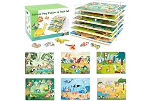 Bravmate Wooden Puzzles for Toddlers 1-3 - 6 Pack Pegged Puzzles with Storage Rack, Baby Knob Puzzles for 12-18 Months, Educational Animal Theme Puzzles Include Forest Savannah Ocean Dinosaurs Birds