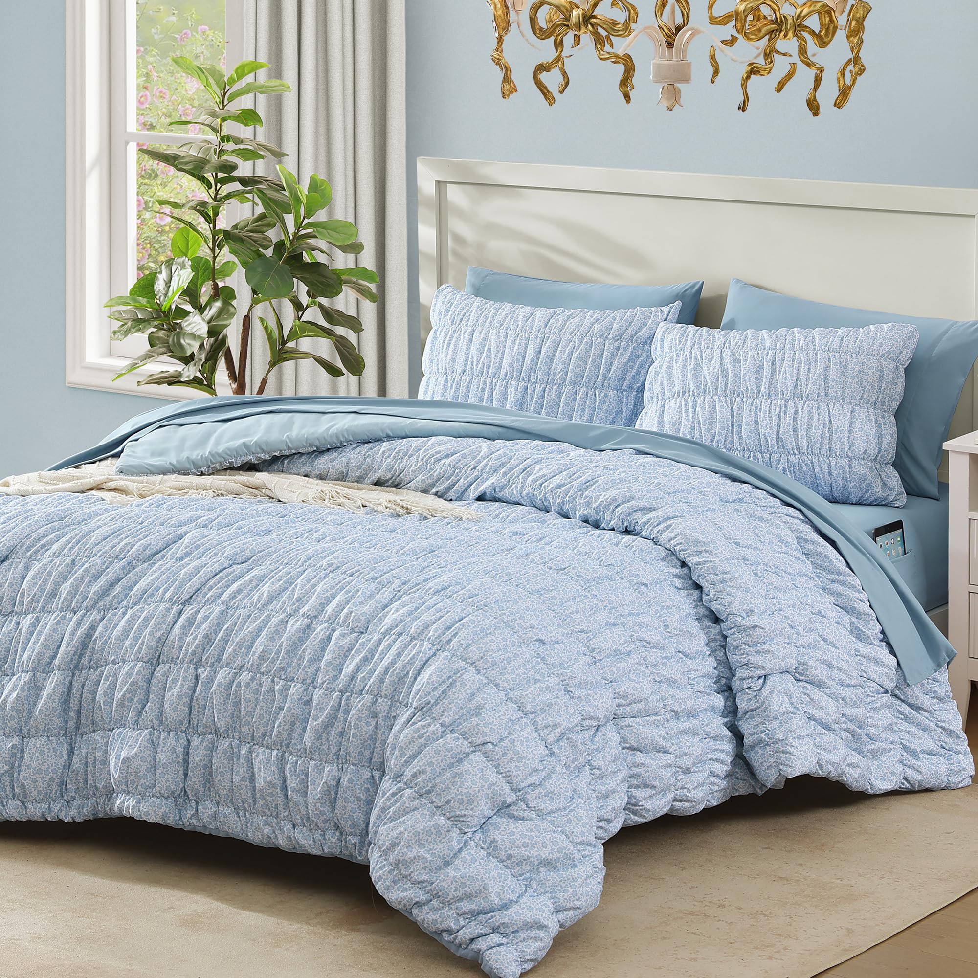 Photo 1 of BLOOMHAVEN Full Size Comforter Sets - 7 Pieces Puff Cornflower Blue Floral Bedding Set for All Seasons, Shabby Chic Farmhouse Bed in a Bag Full with Floral Comforter, Sheets, Pillowcases & Shams