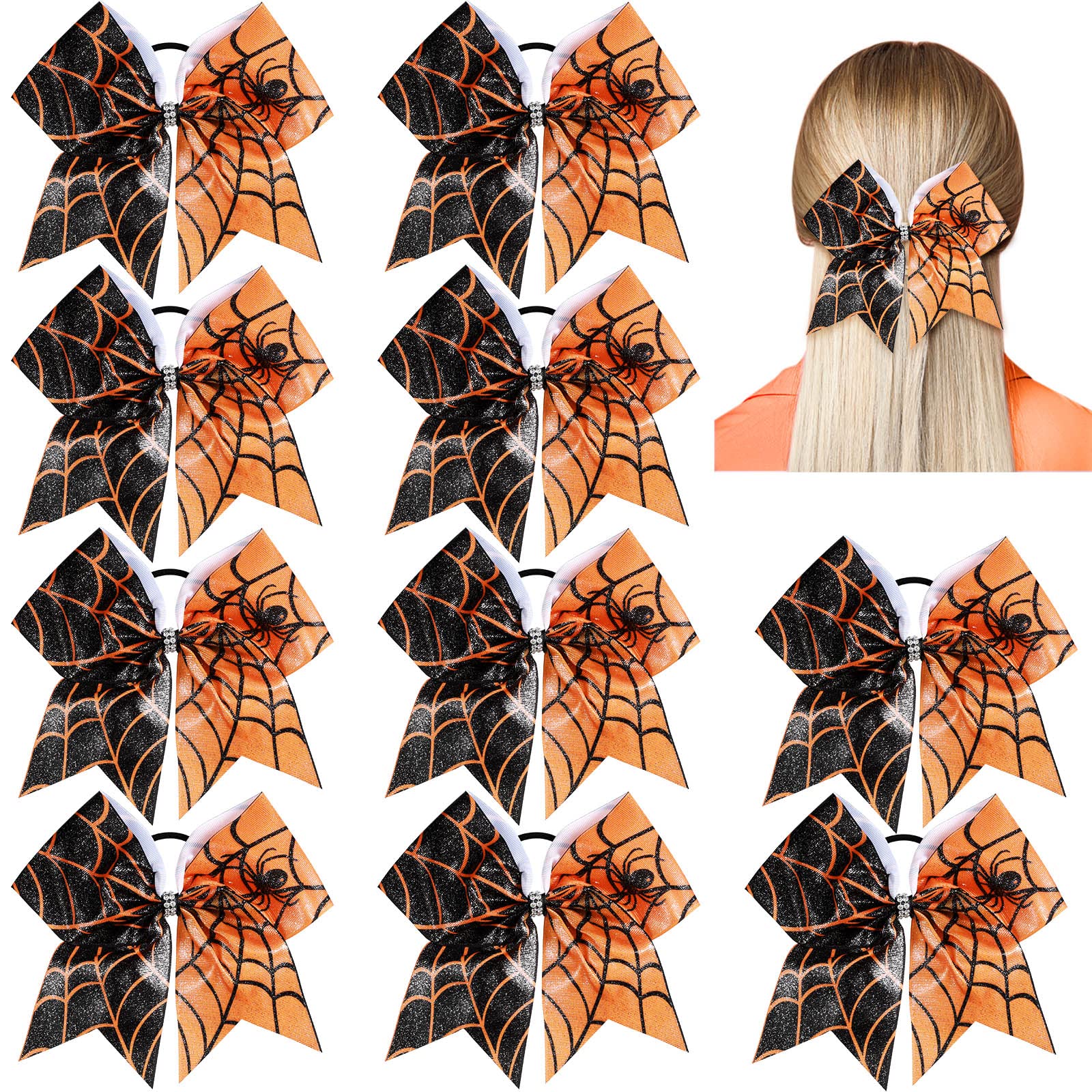 Photo 1 of Hotop 10 Pcs Halloween Jumbo Cheerleading Bow 8 Inch Cheer Hair Bows Cheerleader Hair Bows with Ponytail Holder(Black, Orange)