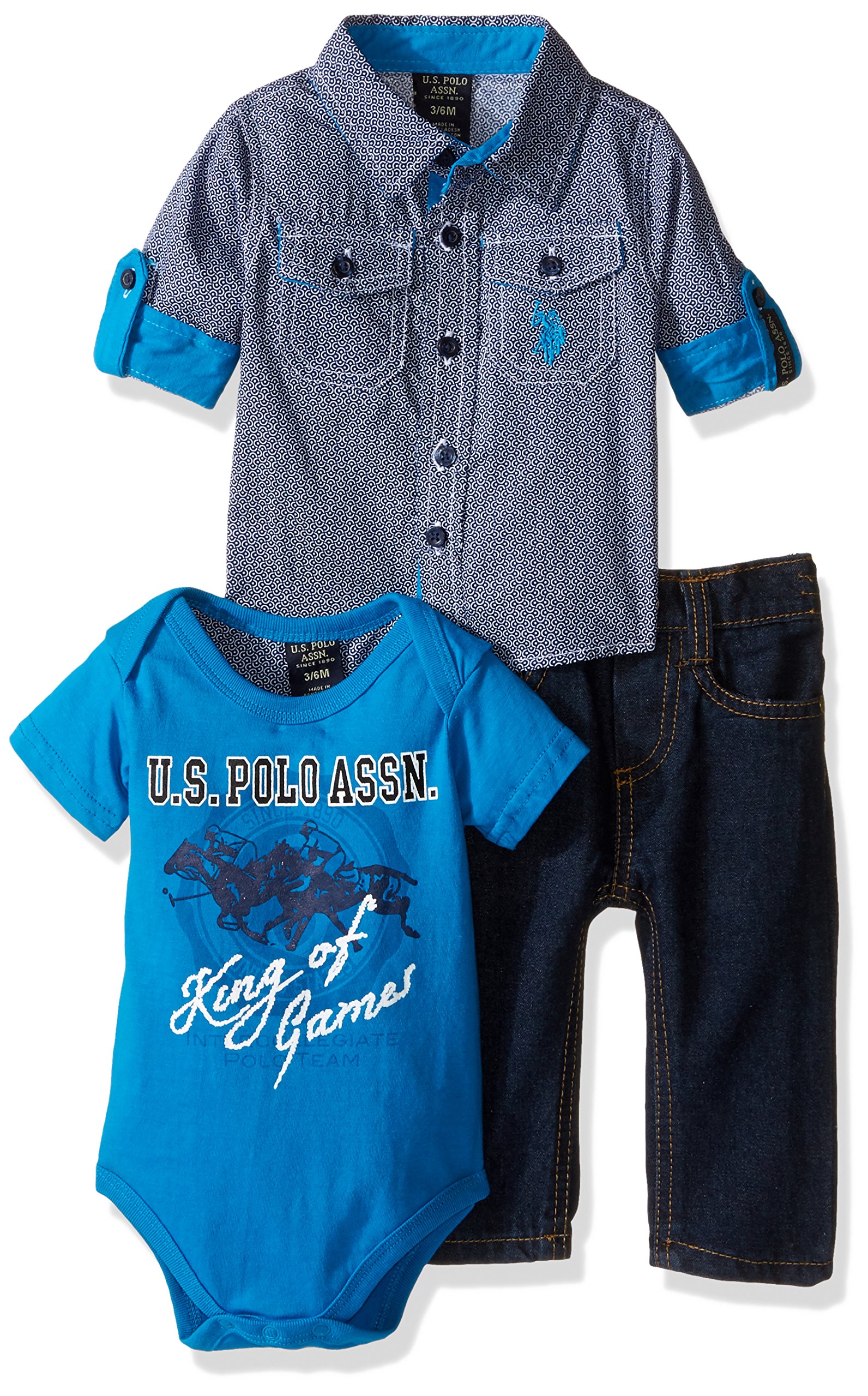 U.S. Polo Assn. Baby Boys' 3 Piece Long Sleeve Fancy Sport, T-Shirt Or Creeper, and Denim Jean Set
