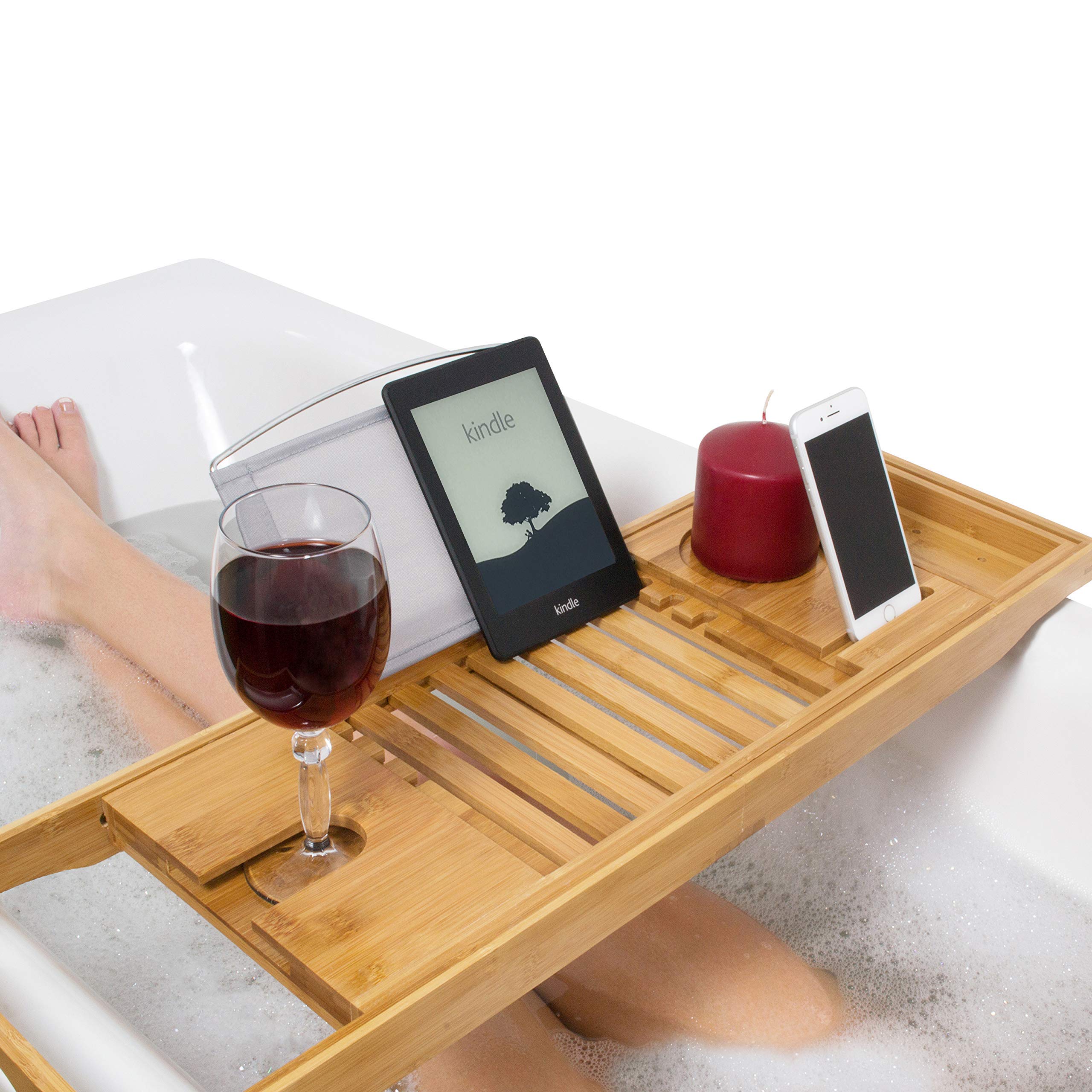 Relux Premium 100% Natural Bamboo Bath Caddy Bridge – Extendable Luxury Book Rest, Wine Glass Holder, Device (Tablet, Kindle, iPad, Smart Phone) Tray for a Home-Spa Experience – Fits Most Bath Sizes