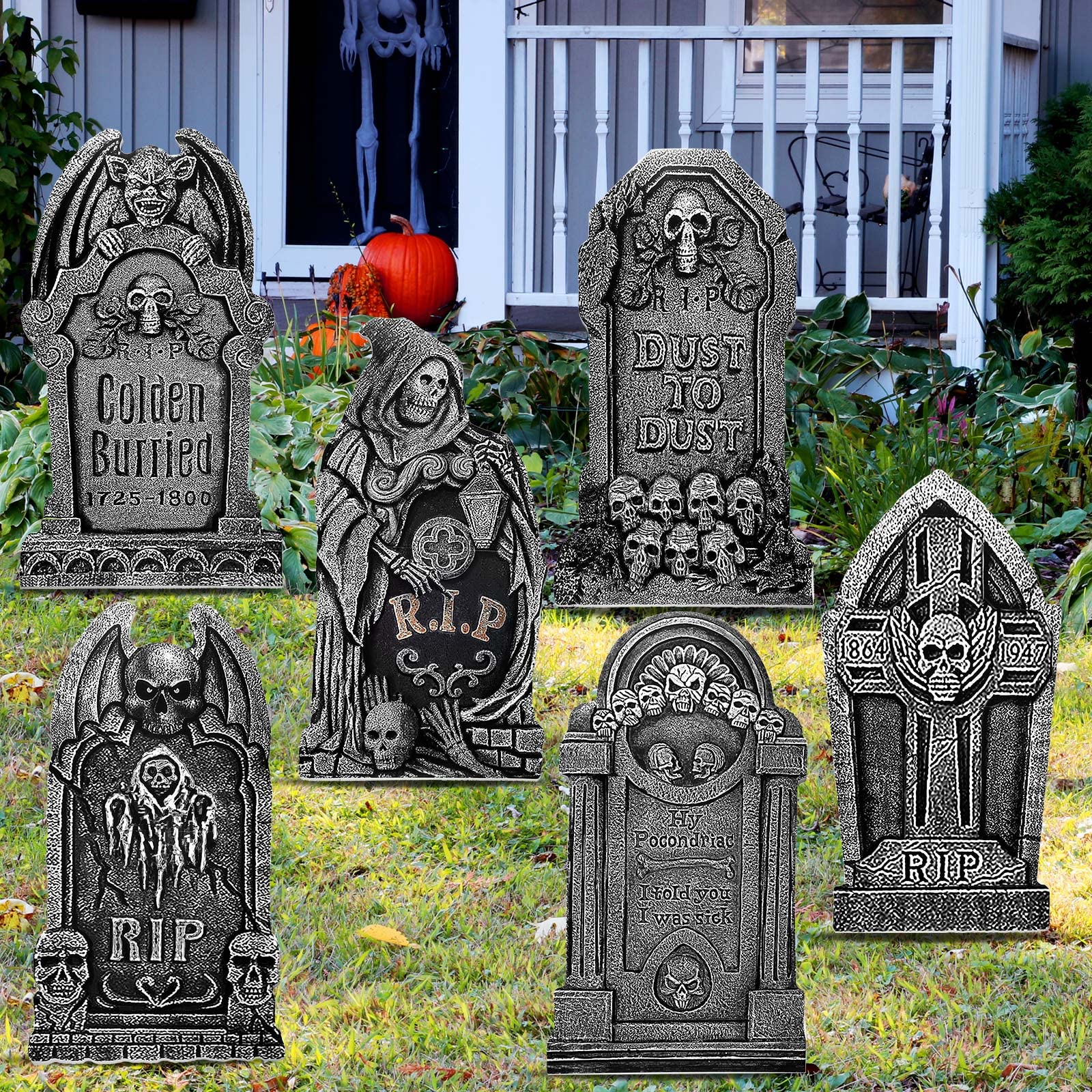 Photo 1 of Yerliker 6 Styles 27 Inch Halloween Tombstone Outdoor Decorations Yard Stakes Signs Graveyard Tombstones for Halloween Props Lawn Decorations