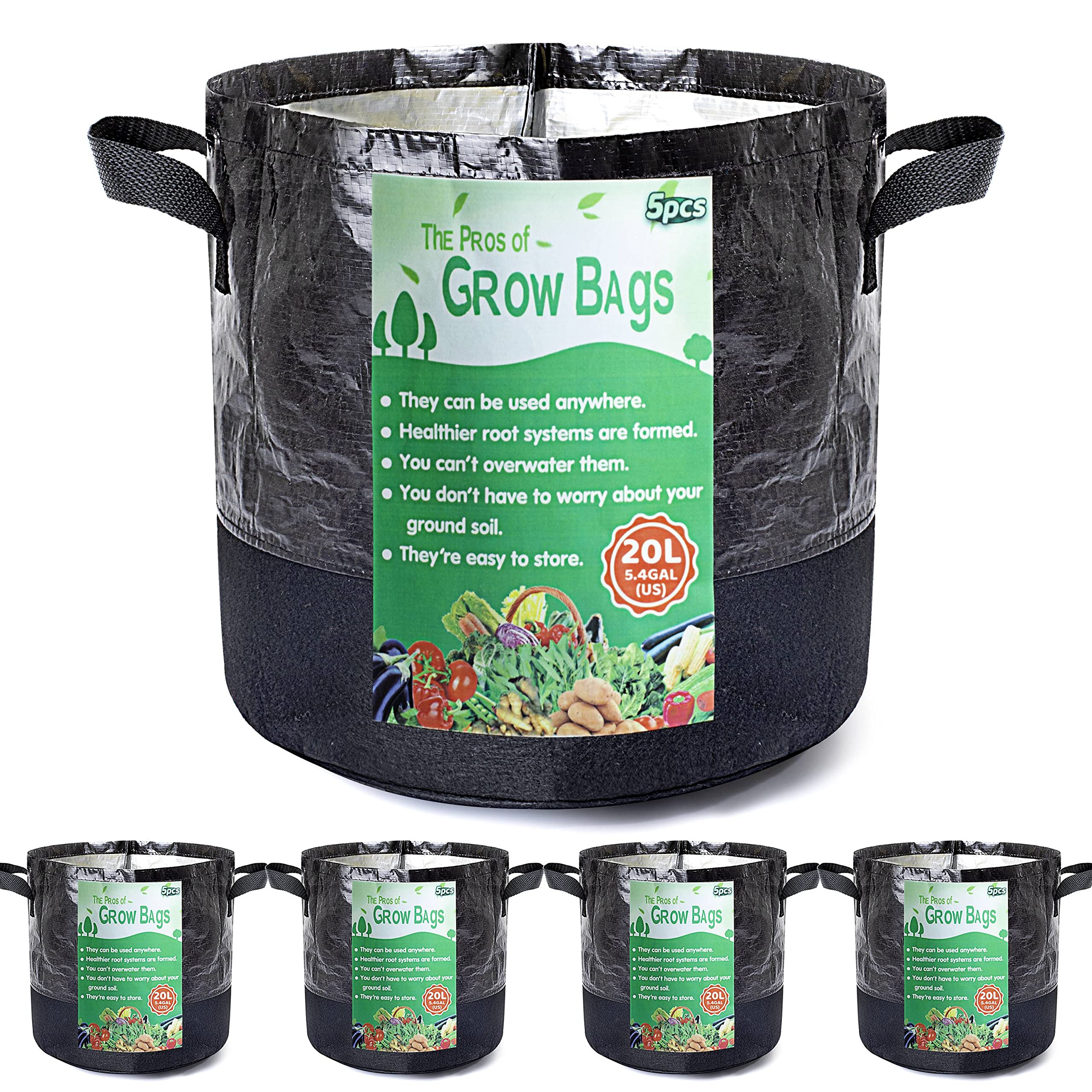 Growerz® WetLockz 5 pack 20 Litre 28 x Ø30.5cm Heavy-Duty Fabric Grow Bags – 5 Pack | Selective Moisture Retention Layer | Breathable, Reusable Non-Woven Material | Reinforced Handles Easy Lifting