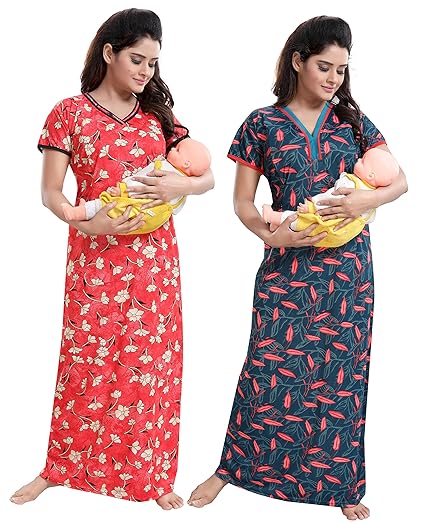 Women's Beautiful Flower Print +Floral Print with Invisible Zip Feeding/Maternity/Nursing Nighty/Night Gown (Free Size) (Pack of 2 Pcs)