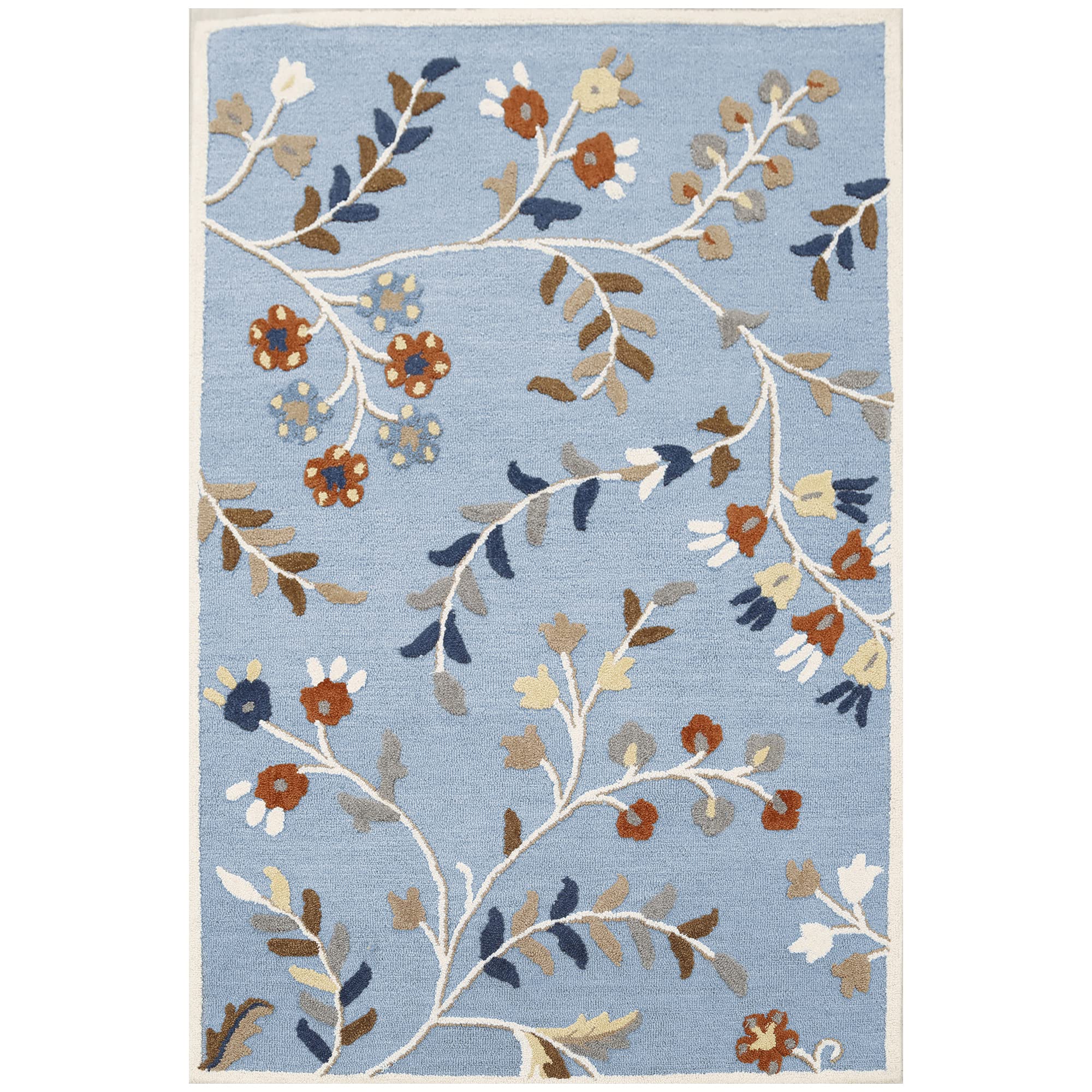 Ottomanson Hand Knotted Floral Design Wool 5x8 Traditional Flatweave Area Rug for Living Room, Bedroom, Kitchen, Dining Room, 5' x 7'6", Light Blue Image