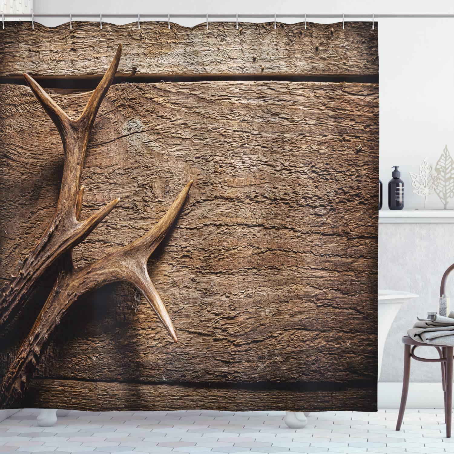 ABAKUHAUS Antlers Shower Curtain, Deer Antlers on Wood Table Rustic Texture Surface Hunting Season Fall Gathering Art, Cloth Fabric Bathroom Decor Set with Hooks, 86 Inches Extra Long, Umber