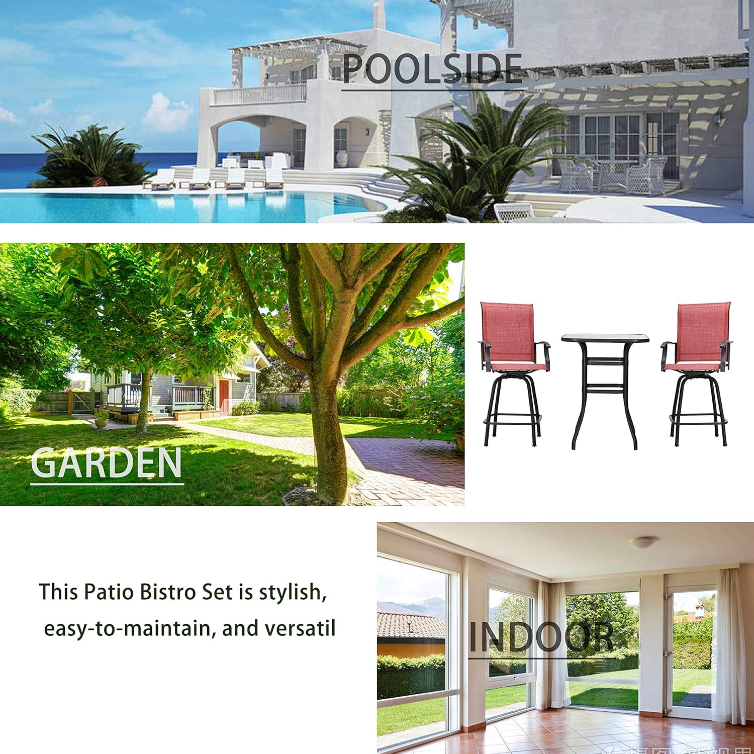 LOKATSE HOME 3 Pcs Bar Stools Set 2 High Swivel Chairs and 1 Height Outdoor Bistro Table, Patio Furniture, Red Tesling Fabric : Garden & Outdoor