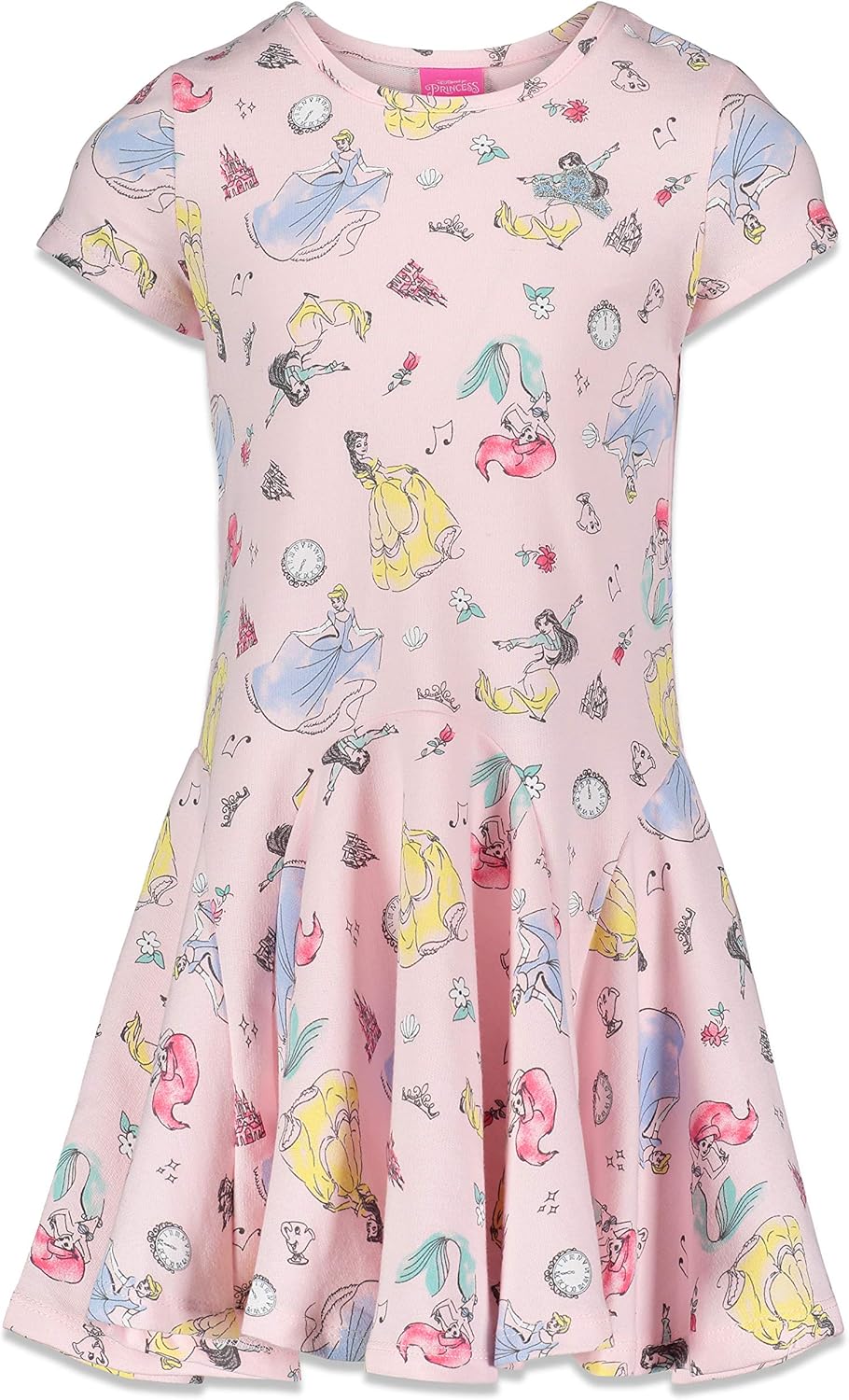 Disney Princesses Girls Short Sleeve All-Over Print Dress Pink: Clothing