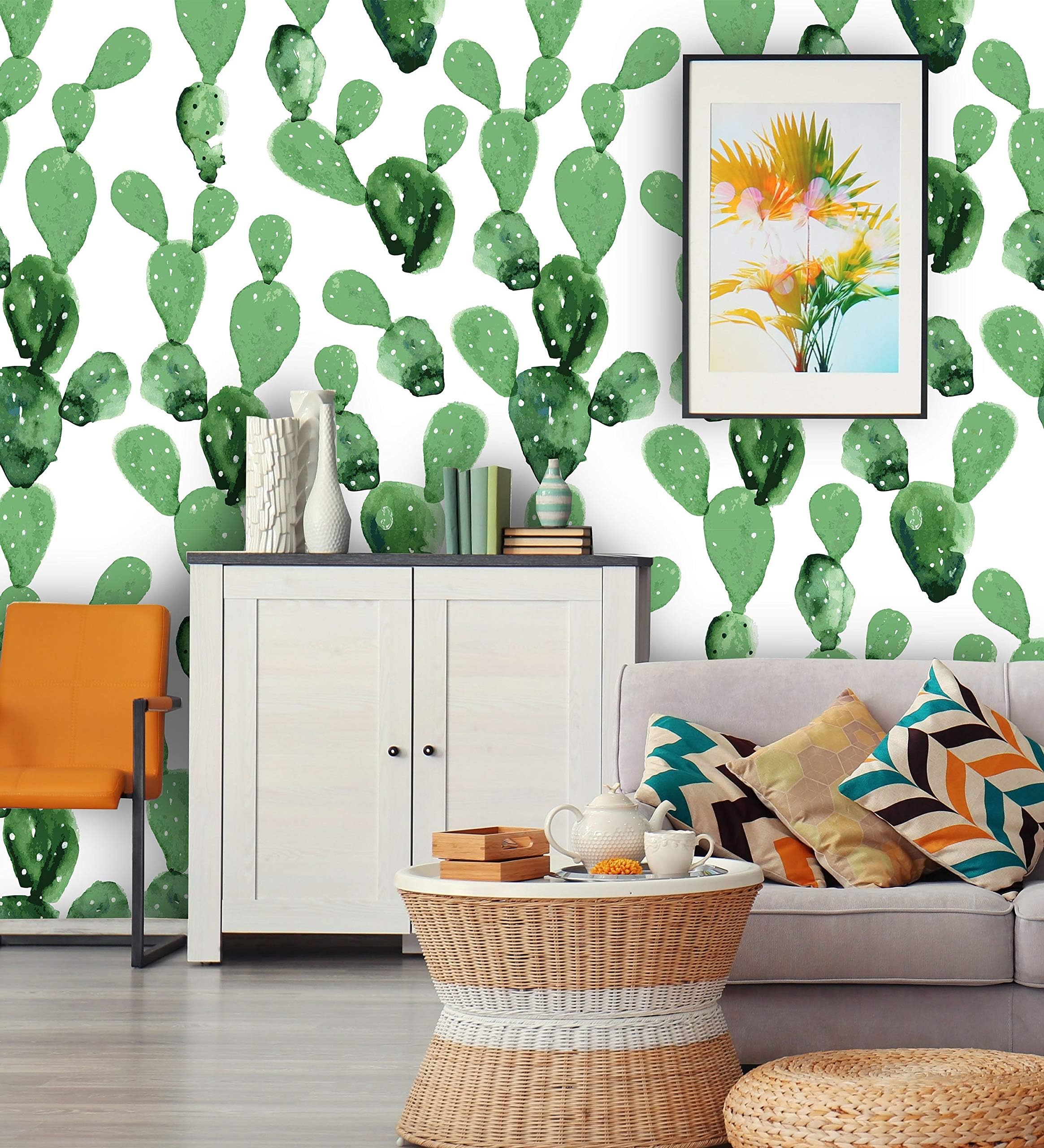 Removable Peel 'n Stick Wallpaper, Self-Adhesive Accent Wall Mural, Tropical Pattern, Nursery Room Decor, Custom Colors • Watercolor Cactus (24"W x 96"H Inches)
