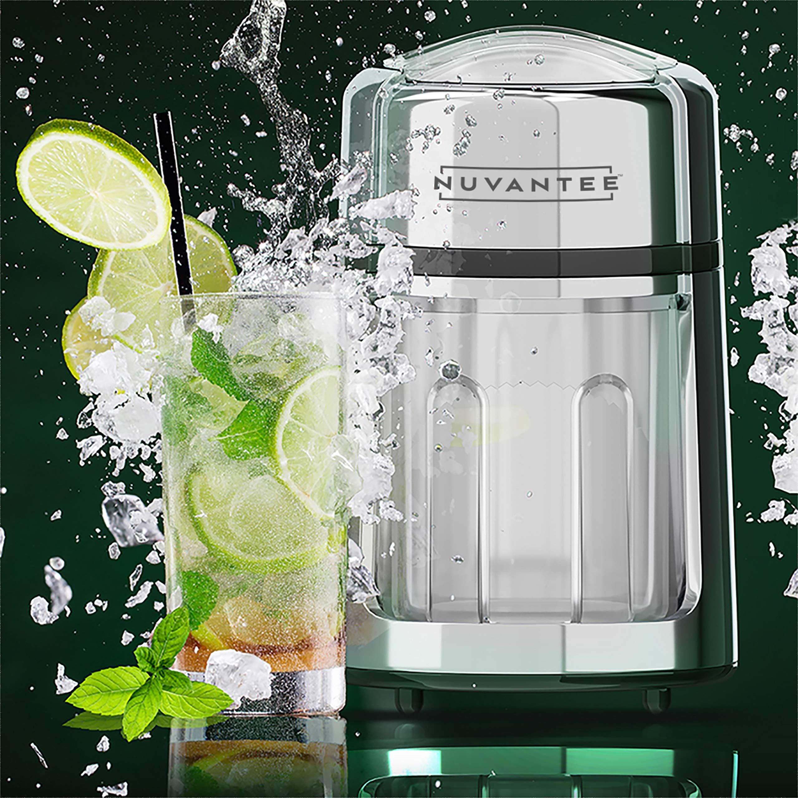 Nuvantee Manual Ice Crusher - Rust-Proof Zinc Alloy Construction - Carbon Steel 430 Blade - Hand Crank Ice Grinder - Fine or Coarse Pieces - Non-Slip Base - Chrome Plated