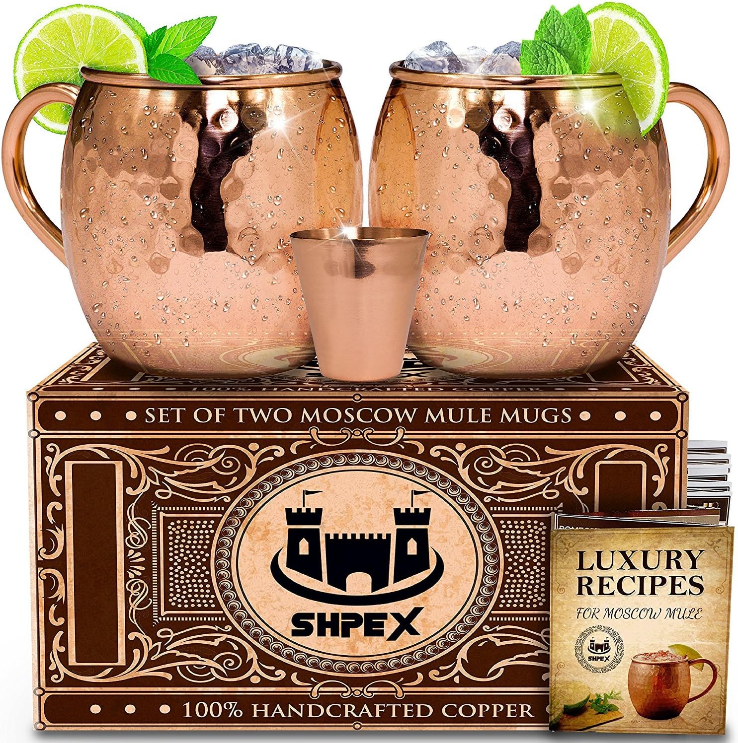 100% Copper Moscow Mule Mugs, Set of 2, 16 Oz Each ~ Handcrafted Hammered Cups Packed with 2 Bonuses in Elegant Gift Box by Shpex