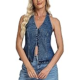 D-Sun Women Sleeveless Denim Vest Denim Halter Top Tie Backless Button Down Y2K Strapless Front Slit Sexy Jean Tank