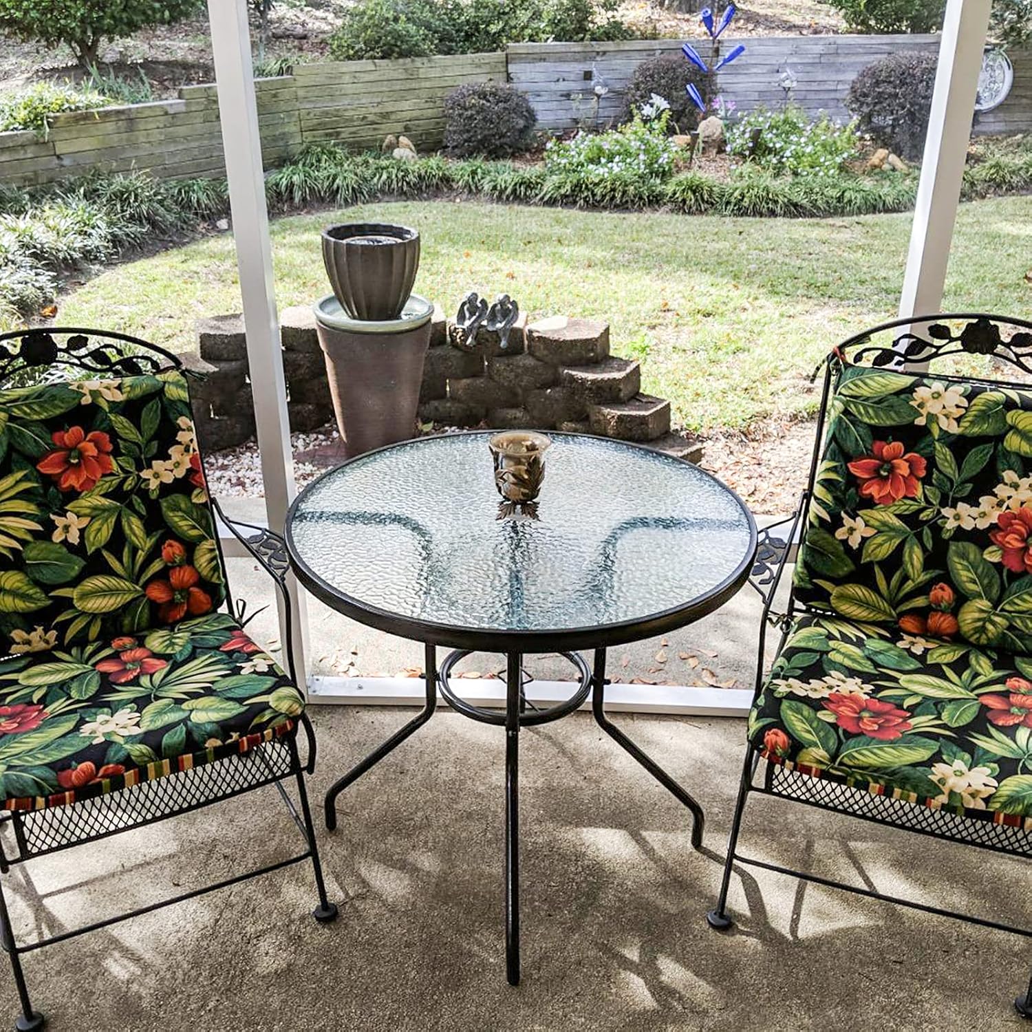 Outdoor Patio Table, 32'' Round Bistro Table with Tempered Glass Table Top and Umbrella Hole Steel Frame Outdoor Furniture Party Conversation Coffee Table for Garden Backyard Balcony Lawn: Kitchen & Dining