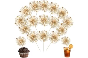 Ephlyn 30Pcs Foil Firework Cupcake Toppers Party Birthday Cake Toppers Supplies Sparkle Tinsel Cocktail Fruit Toothpick for Birthday Wedding Graduation Party Supplies Gold