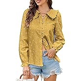 ECOWISH Women's Long Sleeve Shirts - Peter Pan Collar Button Down Blouse Dressy Casual Puff Cotton Elegant Fall Tops