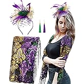 Unittype 4 Pcs Mardi Gras Costumes for Women Mardi Gras Outfit Shawl Scarf with Feather Headband Vintage Tassel Fringe Earrings Accessories Set for Masquerade Party Carnival Parade Dress Party