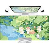 Green Cute Anime Desk Mat Kawaii Cartoon Ducks Gaming Mouse Pad XXL Large Anime Girl Gamer Mousepad Women Office Decor Desk Pad Aesthetic Lotus Leaf Laptop Keyboard Pad Computer Mat 31.5x15.75 in