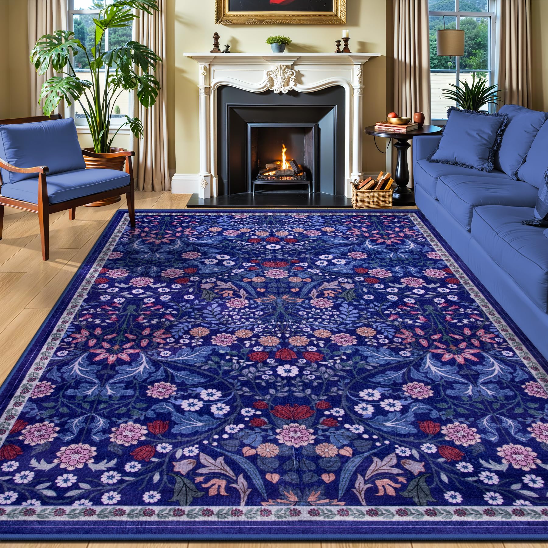 10x12 Area Rugs for Living Room: Floral Washable Rug Vintage Large Soft Boho Non-Slip Carpet Indoor Floor Stain Resistant Low Pile Carpets for Bedroom Dining Room Farmhouse Nursery Hallway Home Office Image