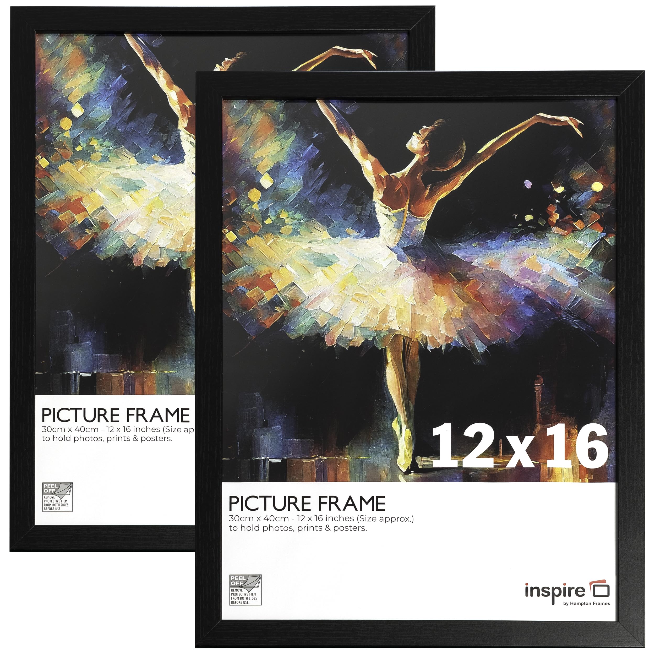 inspire by Hampton Frames | Poster Frame Pack of 2, 12x16 (30.4x40.6cm), Black, Engineered Wood | Acrylic Front, Wide Profile, Wall Mount | Modern Photo Display for Home Décor