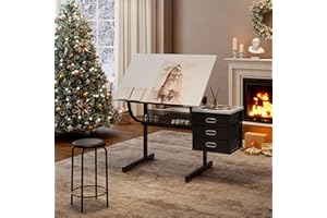 JAPOVKER Drafting Table Art Table Adjustable Drawing Table Tilted Tabletop, Craft Table, with Storage Drawers and Stool, Crafting Desk with Storage for Painting Diamond Reading Writing Study (White A)