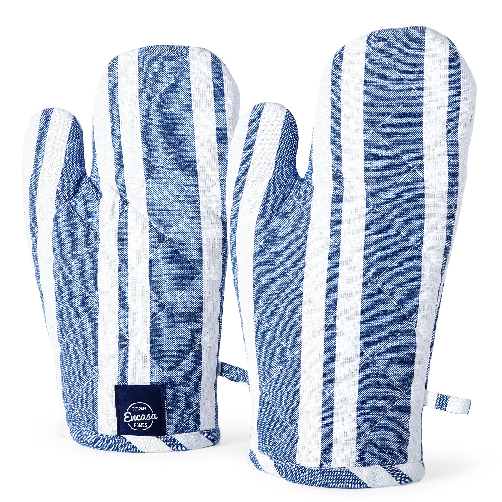 Encasa XO Long 18x30 cm Oven Microwave Hand Gloves Mitts (2 pc set) for Kitchen Cooking & Baking - Heat Resistant, Thick & Safe, Protection of Hands from Hot Utensils, Grill - Franca Blue Stripes