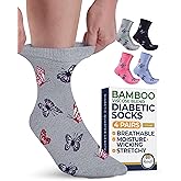 Pembrook Ankle Diabetic Socks for Women & Men - 4 Pairs Bamboo Viscose Moisture-Wicking, Non Binding, Wide Top Diabetic Ankle Socks for Women, Butterflies (Black, Gray, Navy, Pink)