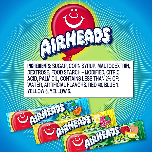 AIRHEADS SOUR CANDY BARS, SOUR WATERMELON PUNCH, BLUE BLAST, LEMON BERRY SQUEEZE, 9 BAR MOVIE THEATER BOX