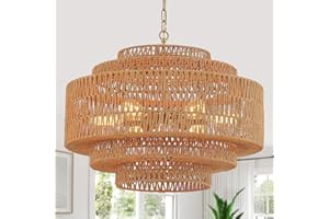 Tunkayli Large Chandelier Hand-Woven Rattan 25.6in Boho Chandelier Vintage Light Fixtures 6-Light Gold Coastal Bamboo Wicker Chandeliers for Living Room Dining Room Bedroom Kitchen Island Entryway