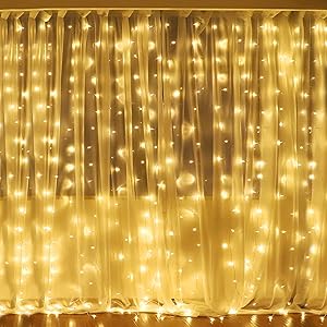Fiee Fairy Curtain Lights,304 LED 9.8ftX9.8ft 30V 8Modes Safety Window Lights with Memory for Home Wedding Christmas Party Family Patio Lawn Garden Bedroom Outdoor Indoor Wall Decorations(Warm White)