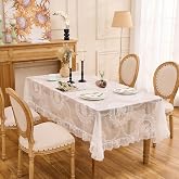 Raedan White Lace Tablecloth, Vintage Rectangular Table Cloth 55&rdquo;x40&rdquo; | Overlay with Ruffled Hem, Floral Embroidered Table Cover, Vintage Elegant Style, Wedding Party Home Decor, Machine Wash